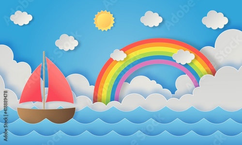 hello summer. boat with rainbow. beach landscape background. paper art style. vector Illustration.