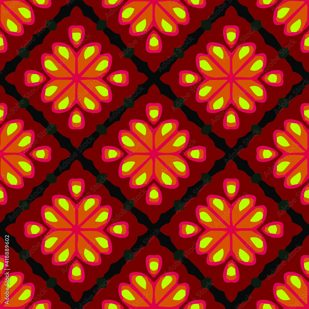 Seamless pattern with symmetric geometric ornament.
Seamless pattern with symmetric geometric ornament.