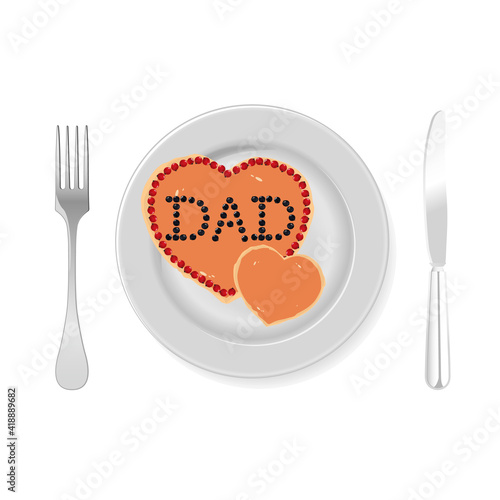 Pancake in the shape of a heart with the inscription dad, vector art illustration.