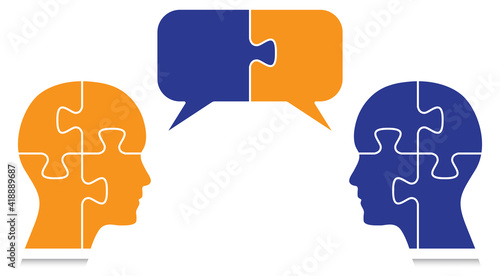 Puzzle shaped heads with puzzle shape communication bubbles. Unity, communication, diversity and partnership concept design. 