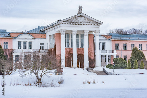Facade of the old buiding at winter time. Botanical Garden. Moscow. Russia.