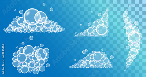 Bath foam soap with bubbles. Set of shampoo and soap foam. Vector illustration isolated on transparent background.