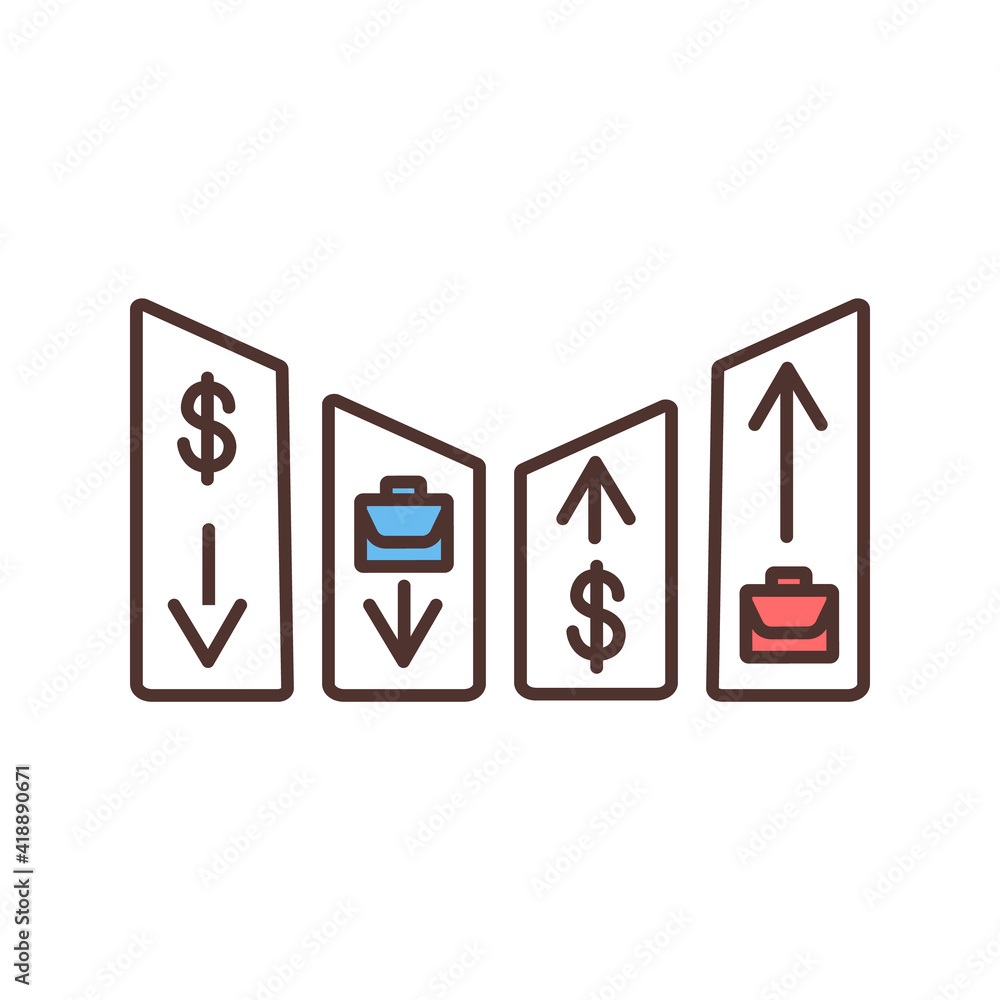 Cyclical unemployment RGB color icon. Job demand recessions and decline. Business cycle. Outcomes from economic upturn and downturn. Unemployed workers number changes. Isolated vector illustration Cyclical unemployment RGB color icon. Job demand recessions and decline. Business cycle. Outcomes from economic upturn and downturn. Unemployed workers number changes. Isolated vector illustration