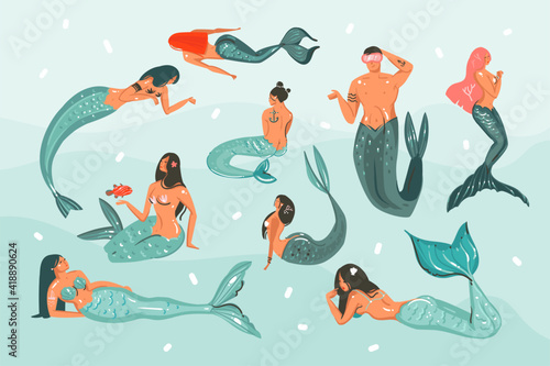 Hand drawn vector abstract cartoon summer time graphic illustrations collection set with beauty mermaid underwater swimming girls and boys isolated on blue ocean waves