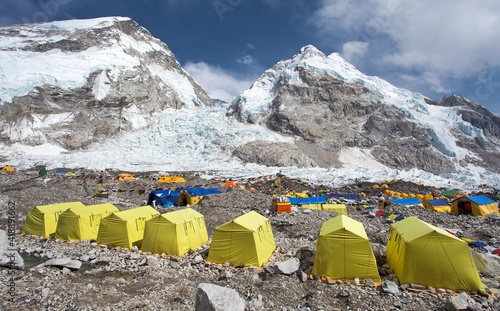 Mount Everest base camp yellow tents and prayer flags