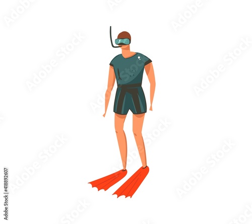 Hand drawn vector abstract graphic cartoon summer time collection flat illustrations with diving man character on the beach isolated on white background