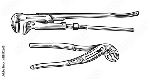 Adjustable wrench sketch. Set of tools in vintage engraving style