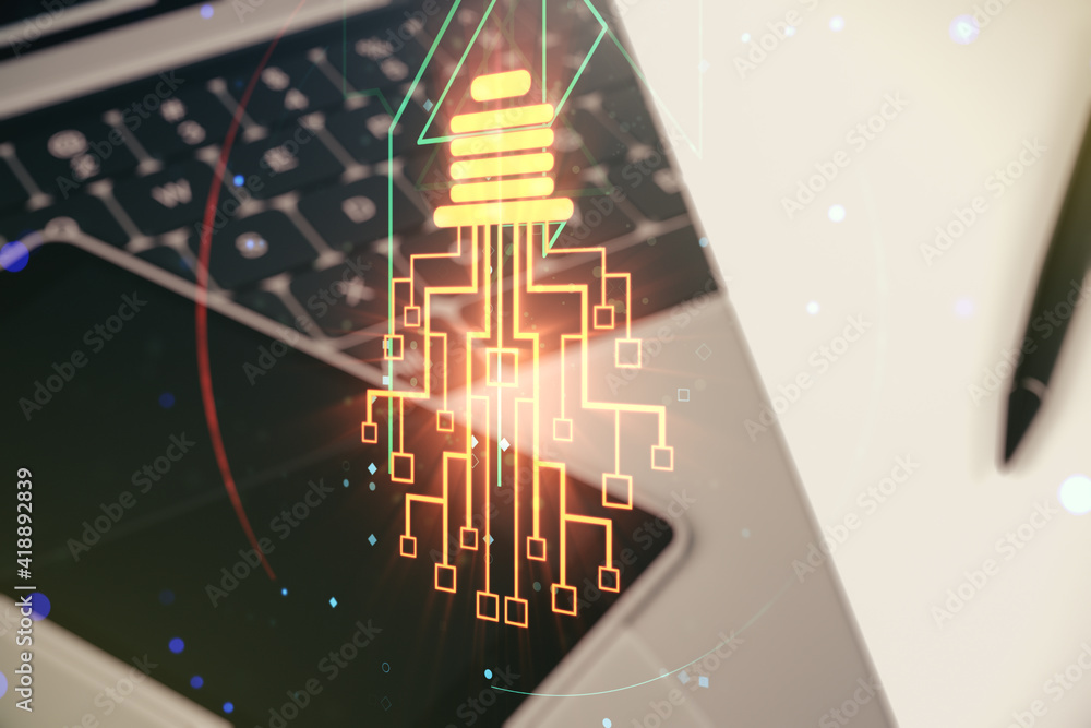 Fototapeta premium Creative light bulb illustration with microcircuit on modern computer background, future technology concept. Multiexposure