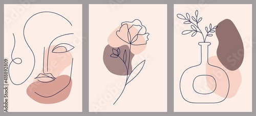 Set of creative hand painted one line abstract shapes. Minimalistic image icons: female portrait, flowers, leaves. For postcard, poster, placard, brochure, cover design, web.