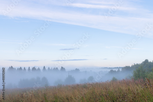Beautiful morning misty landscape. Clouds of fog rise over the clearing and the forest. Summer nature in the countryside. Natural background.