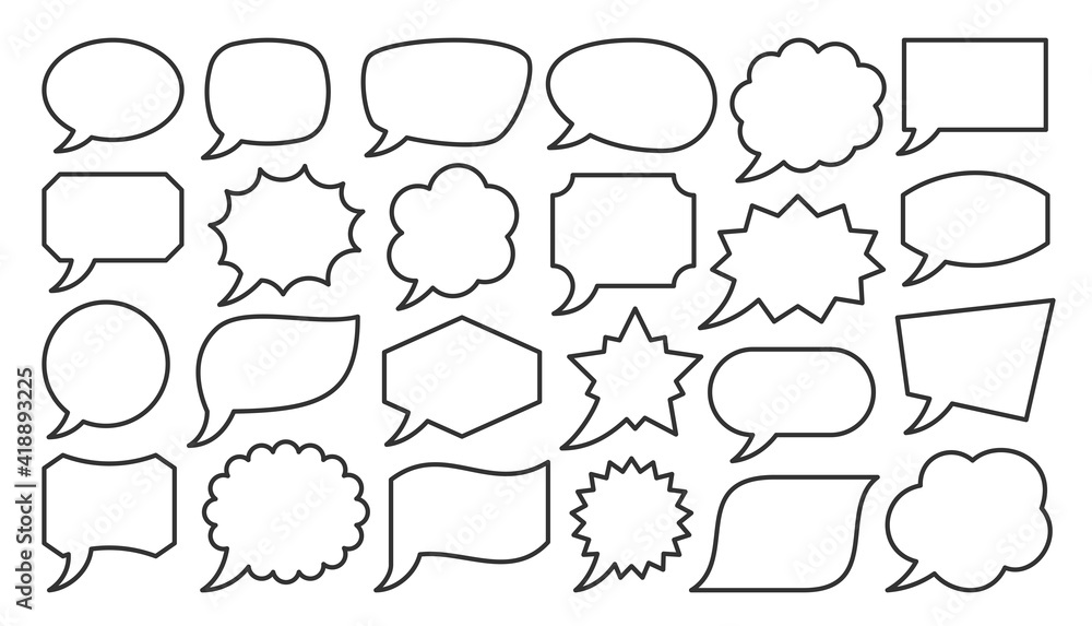 Fototapeta premium Speech bubble banner set, line style. Different abstract geometric shape, cloud, balloon. Blank linear speak sign for text, chat, message, communication, talk, dialog. Empty label template, frame