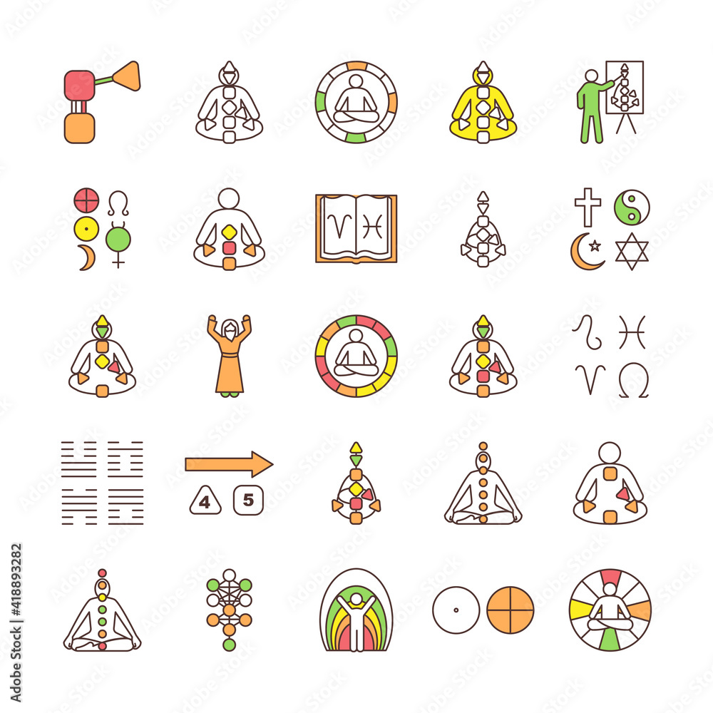 Human design RGB color icons set. Bodygraph chart explanation. Aura.  Reflector, generator, projector, manifestor. Zodiac signs. Energy centers  in body. In-body chakras. Isolated vector illustrations vector de Stock |  Adobe Stock