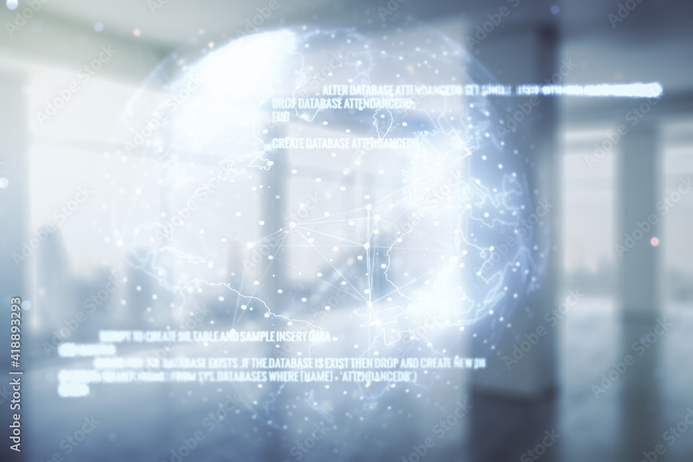 Double exposure of abstract programming language hologram and world map on empty modern office background, research and development concept Double exposure of abstract programming language hologram and world map on empty modern office background, research and development concept