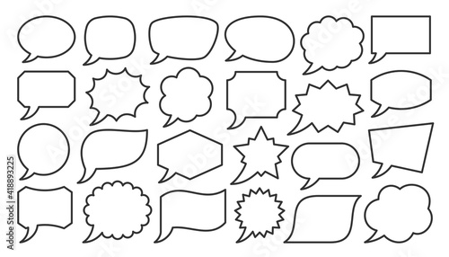 Speech bubble banner set, line style. Different abstract geometric shape, cloud, balloon. Blank linear speak sign for text, chat, message, communication, talk, dialog. Empty label template, frame