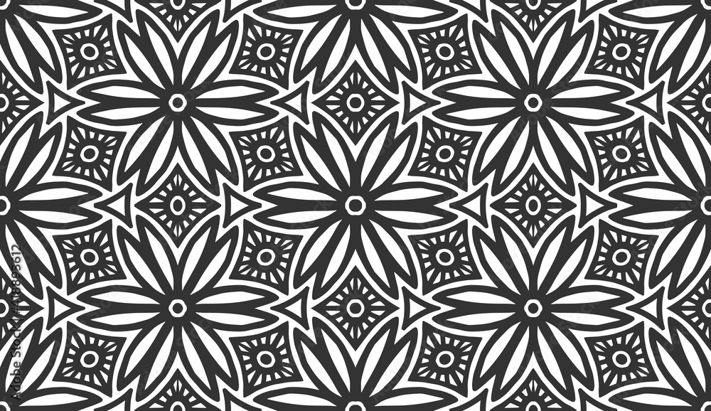 Abstract flower seamless pattern. Floral geometric hexagonal ornament. Black and white limitless background. Endless stylish graphic modern repeat pattern. Fashion monochrome lattice mosaic Abstract flower seamless pattern. Floral geometric hexagonal ornament. Black and white limitless background. Endless stylish graphic modern repeat pattern. Fashion monochrome lattice mosaic