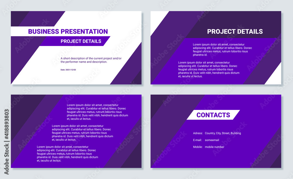 Business presentation design 4 dark purple slides template. Project details.