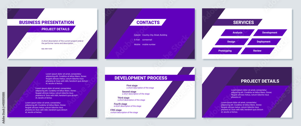 Business presentation design 6 purple slides template. Contacts, services, development process and project details.