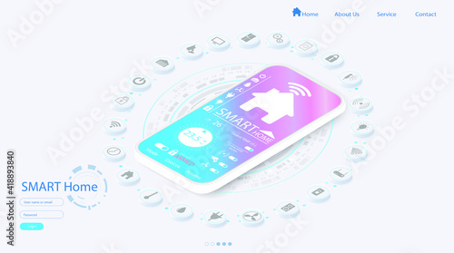 Smart home controlled smartphone. Neumorph theme technology of home automation system. Small house standing on screen mobile phone and wireless connections in neomorphism style. iot