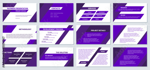 Business presentation design 12 purple slides template. Project details, services, team, research and review. photo