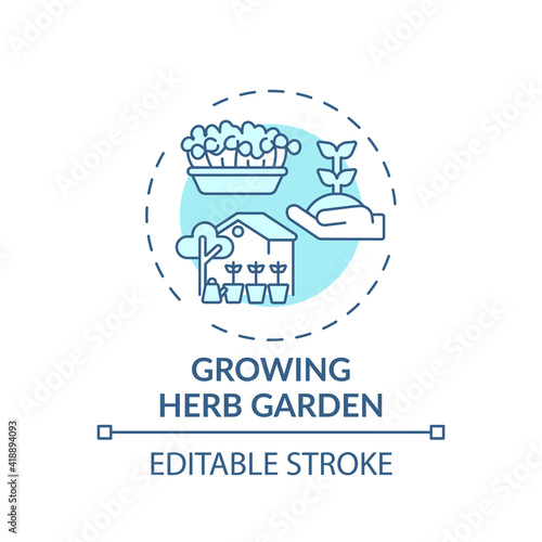 Growing herb garden concept icon. Indoor family activities. Creating green garden in house with children idea thin line illustration. Vector isolated outline RGB color drawing. Editable stroke