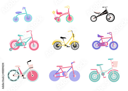 A set of children's and teenage bicycles, two-wheeled and four-wheeled, balance , bright fashionable colors. Vector collection of bicycles isolated on a white background.