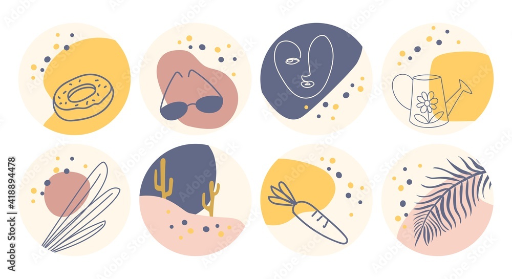 Fototapeta premium PrintVector set of round boho icons and emblems for social media story highlight covers. Hand-drawn trendy design templates for bloggers, designers and photographers.