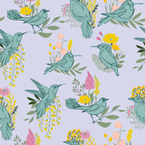 Seamless pattern with birds and meadow flowers and leaves. editable vector illustration.
