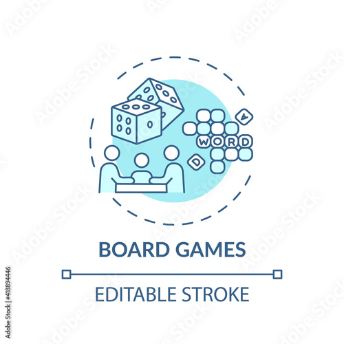 Board games concept icon. Indoor family activities. Competition between parents and children. Evening spending idea thin line illustration. Vector isolated outline RGB color drawing. Editable stroke