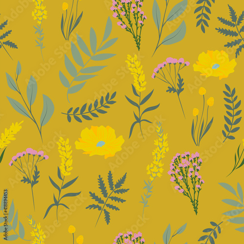 Seamless pattern with meadow flowers and plants. Editable vector illustration.