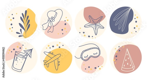 Vector set of round boho icons and emblems for social media story highlight covers. Hand-drawn trendy design templates for bloggers, designers and photographers.