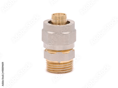 Fitting for PEX pipe isolated on white. Metal connector
 photo