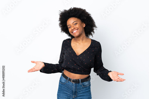 Young African American woman isolated on white background happy and smiling