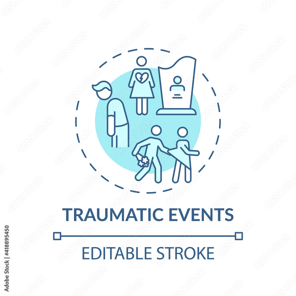 Traumatic events concept icon. Online family therapy types. Experiences that put person at risk of damage idea thin line illustration. Vector isolated outline RGB color drawing. Editable stroke