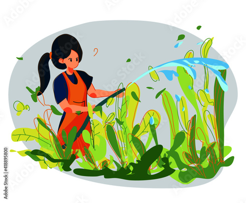 illustration woman enjoy wartering gardening and planting Organic agricultural vector hand drawn photo