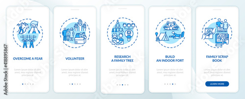 Family bonding tips onboarding mobile app page screen with concepts. Research a family tree walkthrough 5 steps graphic instructions. UI vector template with RGB color illustrations