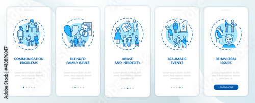Online family therapy types onboarding mobile app page screen with concepts. Blended family issues walkthrough 5 steps graphic instructions. UI vector template with RGB color illustrations