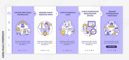 Buying medicine online tips onboarding vector template. Beware cheap medicine spam. Check pharmacy logo. Responsive mobile website with icons. Webpage walkthrough step screens. RGB color concept