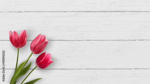 Realistic tulip background. Spring web banner template. Red and pink flowers with wooden background. Vector illustration for ads, banner, mother's day, sale, promotion, discount. 