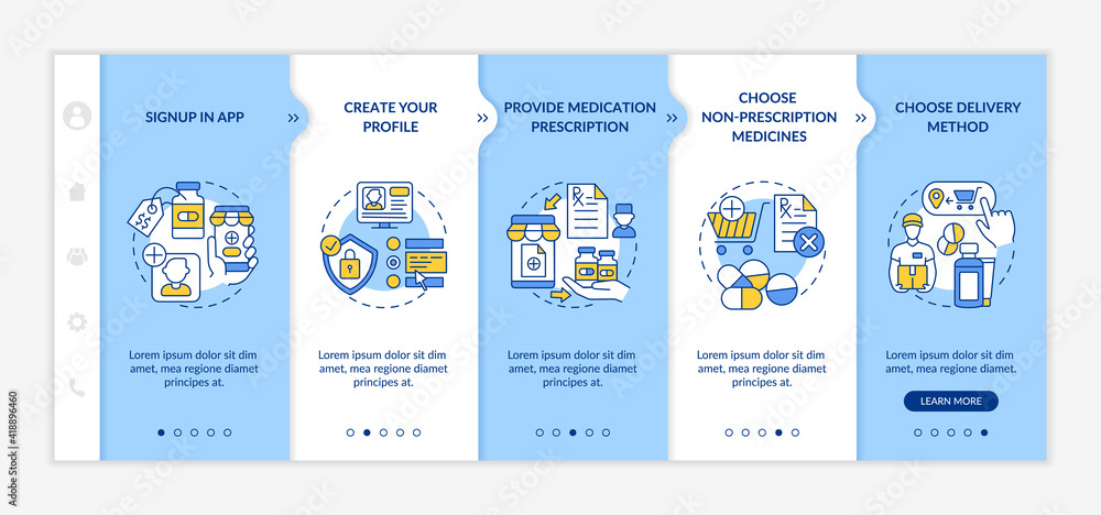 Online medication order steps onboarding vector template. Signup in app. Create Your Profile. Responsive mobile website with icons. Webpage walkthrough step screens. RGB color concept