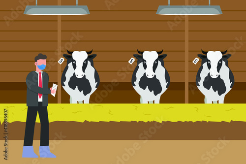 Livestock vector concept: Businessman in face mask looking at cattle with price tag in the ranch