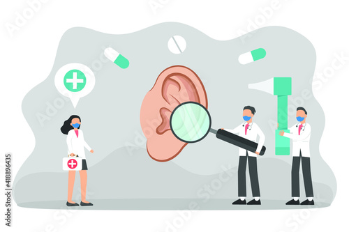Ear problem vector concept: Doctors team doing treatment for deaf hear while using magnifying glass