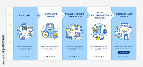 Online medication order steps onboarding vector template. Signup in app. Create Your Profile. Responsive mobile website with icons. Webpage walkthrough step screens. RGB color concept