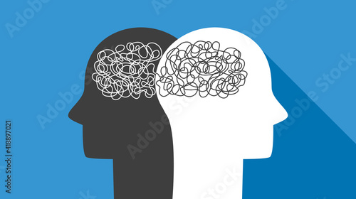 two heads of people with confused thoughts in their heads mentally carry nonsense.