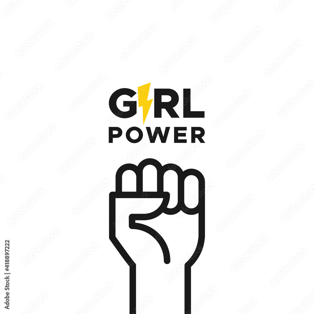 Girl power with thunderbolt. Fist hand up. Black outline. Motivational phrase. Feminist quote. Vector illustration, flat design Girl power with thunderbolt. Fist hand up. Black outline. Motivational phrase. Feminist quote. Vector illustration, flat design