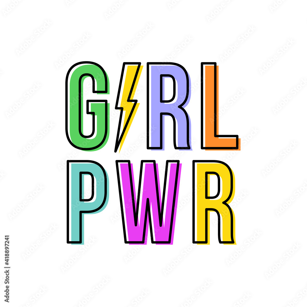Girl power with thunderbolt. Motivational phrase. Feminist quote. Black outline. Multicolor. Vector illustration, flat design Girl power with thunderbolt. Motivational phrase. Feminist quote. Black outline. Multicolor. Vector illustration, flat design