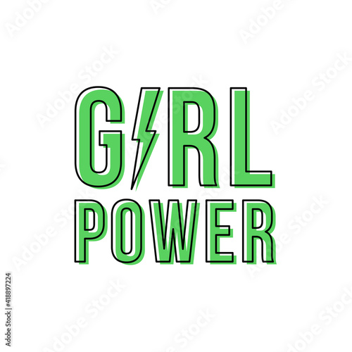 Girl power with thunderbolt. Motivational phrase. Feminist quote. Black outline. Green. Vector illustration, flat design