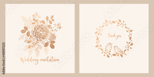 Wedding invitations set. Birds, bouquet of flowers and wreath of leaves. Vector. Vintage.