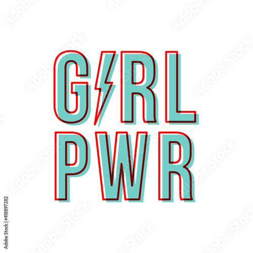 Girl pwr with thunderbolt. Motivational phrase. Feminist quote. Red outline. Red and blue. Vector illustration, flat design