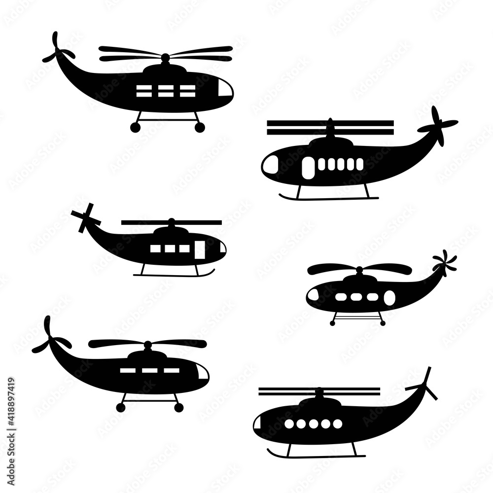 set of helicopters black silhouettes. isolated 2d vector set of helicopters black silhouettes. isolated 2d vector