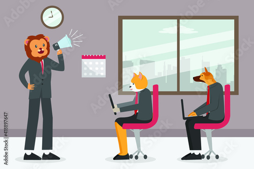 Business animals vecactor concept: Manager animal shouting with megaphone to his employee in the office